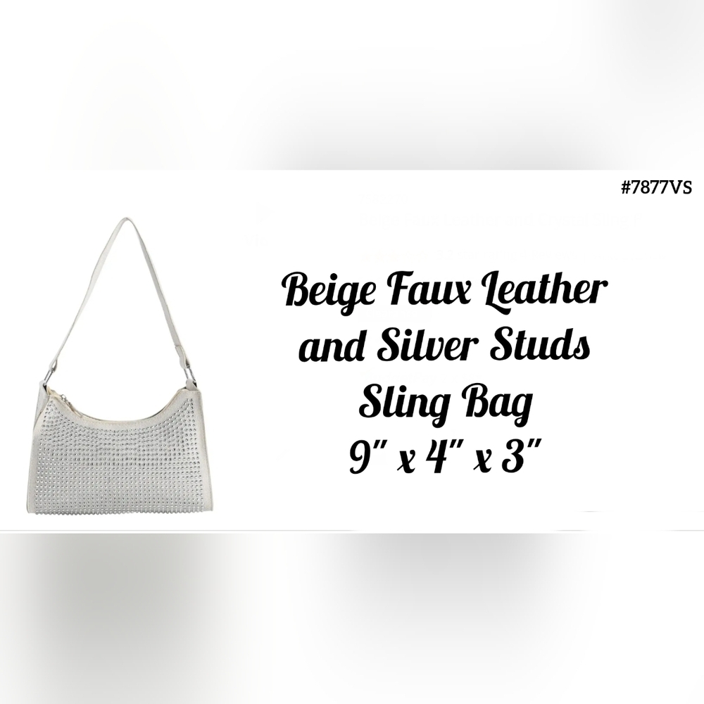 Beige sling bag with silver studs, dust cover, 9" x 4" x 3"